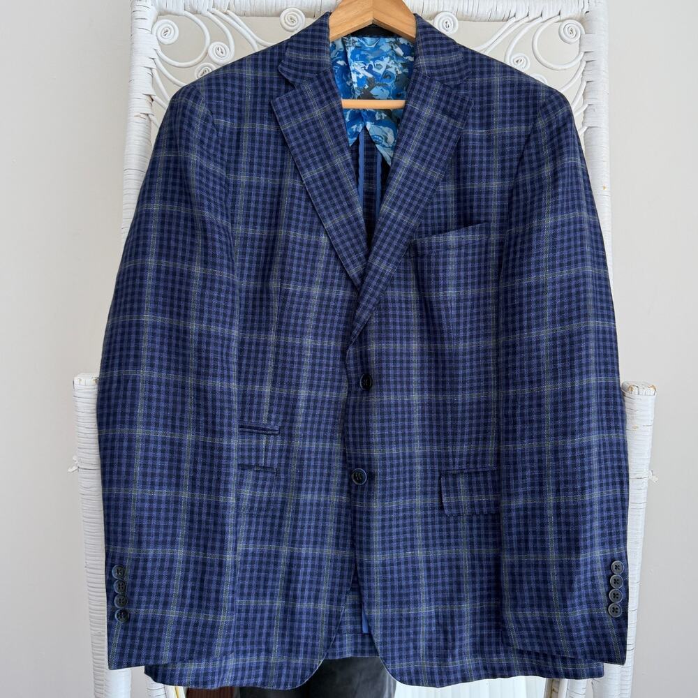 Tallia Linen Sport Coat Men 40R Blue Windowpane Plaid Blazer Dinner Jacket Yacht
